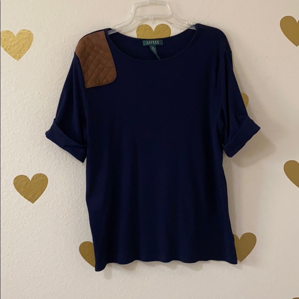 Navy Ralph Lauren top with faux suede patch 3x